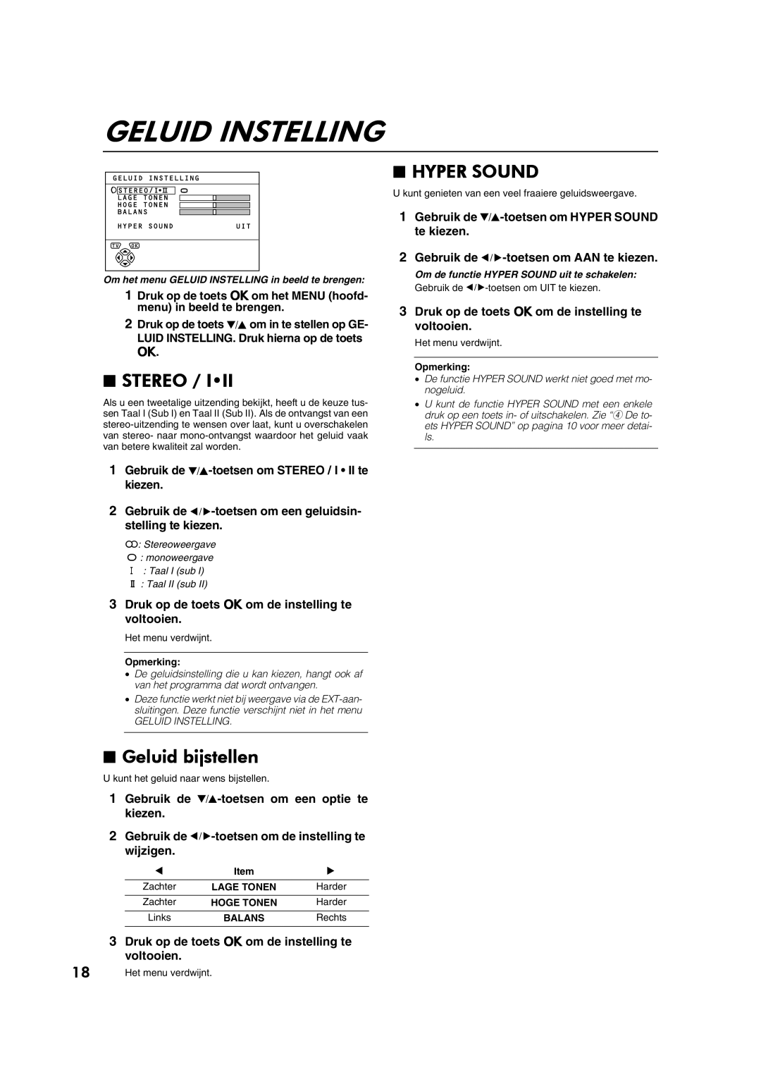 JVC AV28CT1EP manual Geluid bijstellen, Om het menu Geluid Instelling in beeld te brengen 