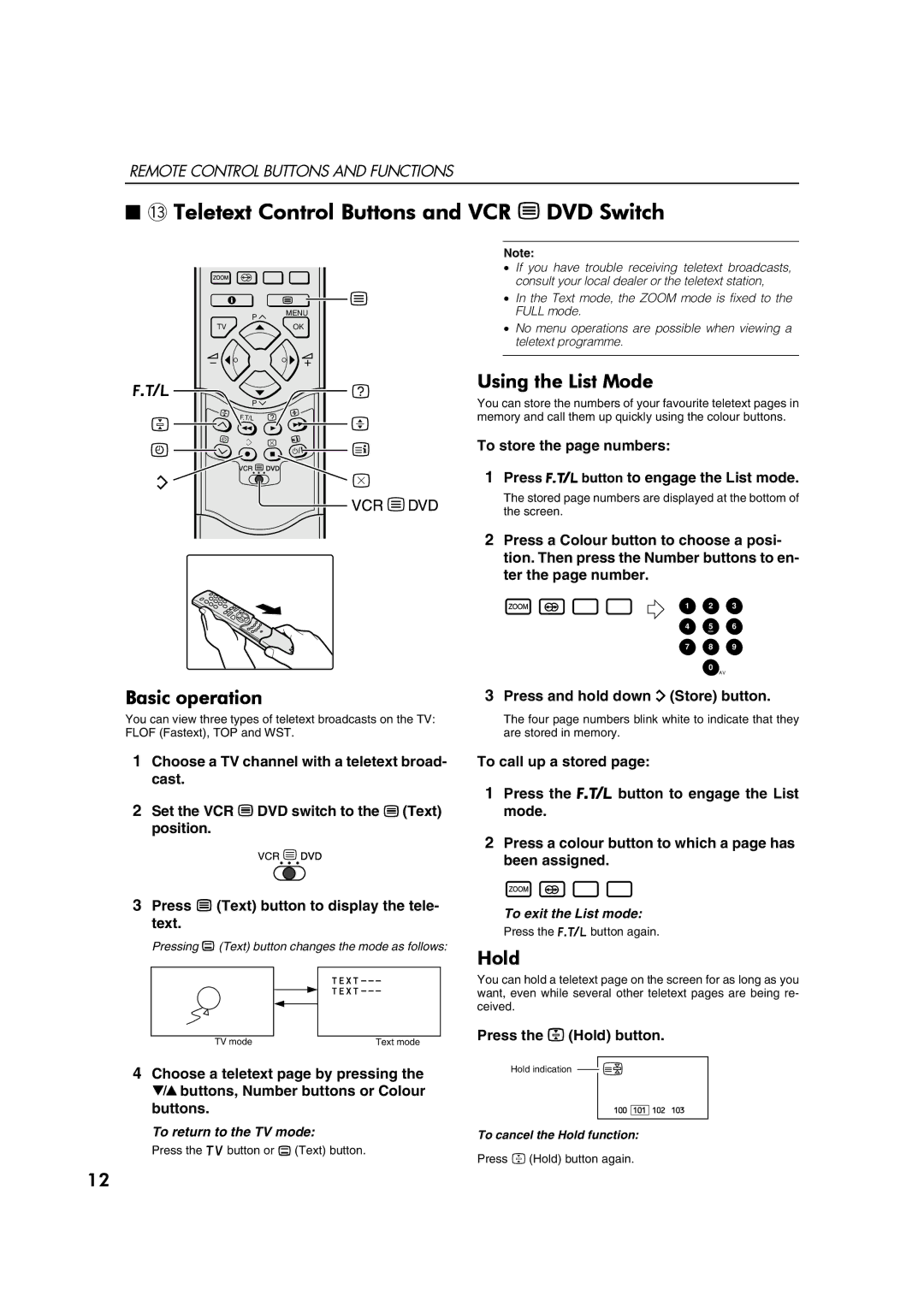 JVC AV28CT1EP manual ~ Teletext Control Buttons and VCR P DVD Switch, Basic operation, Using the List Mode, Hold 