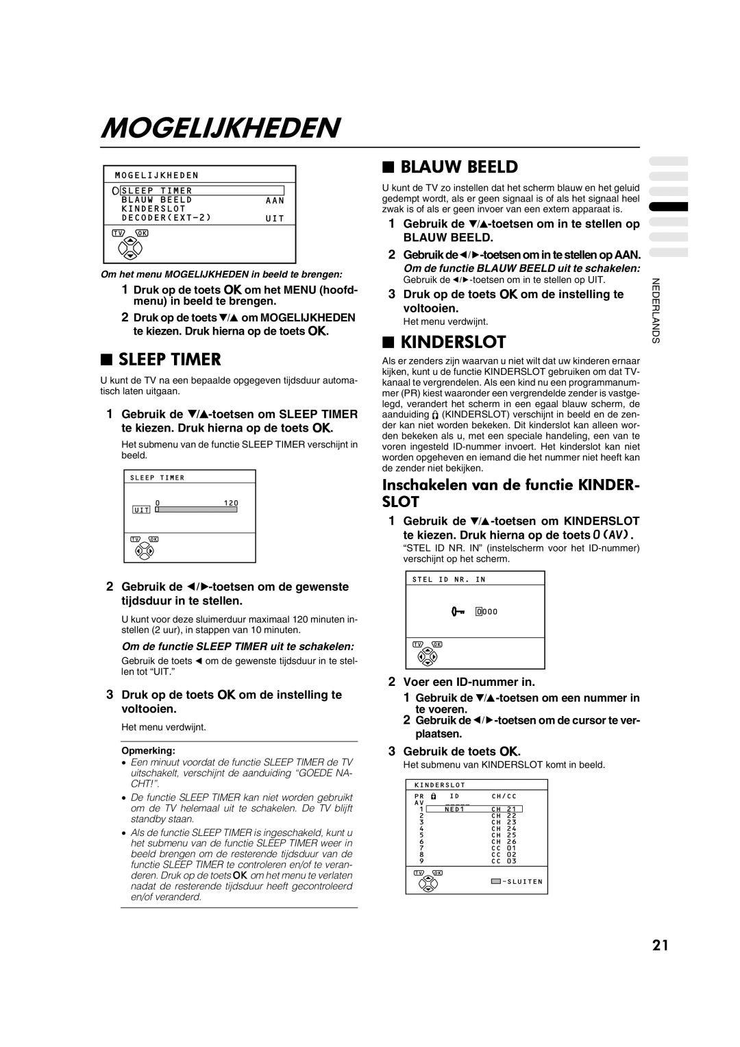 JVC AV28CT1EP manual Mogelijkheden, Blauw Beeld, Kinderslot, Inschakelen van de functie Kinder, Slot 