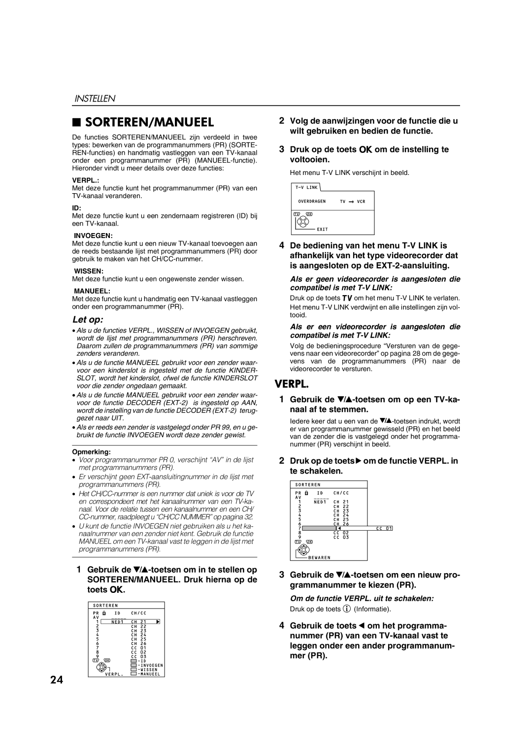 JVC AV28CT1EP manual Sorteren/Manueel, Verpl, Gebruik de 6-toetsen om op een TV-ka- naal af te stemmen 