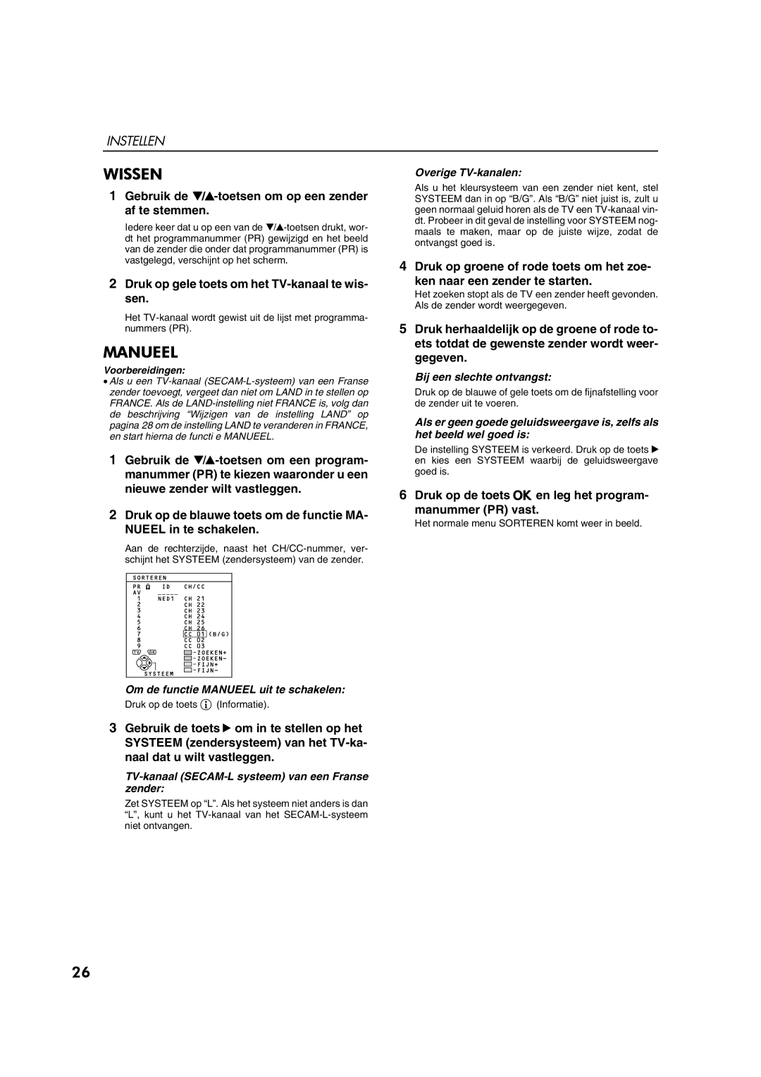 JVC AV28CT1EP manual Wissen, Manueel, Gebruik de 6-toetsen om op een zender af te stemmen 