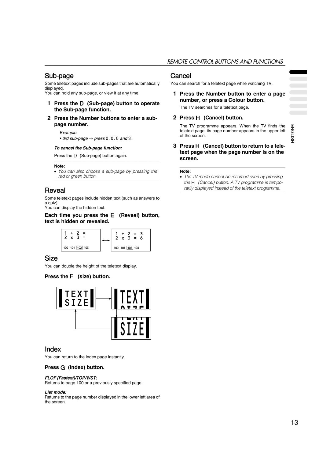 JVC AV28CT1EP manual Sub-page, Cancel, Reveal, Size, Index 