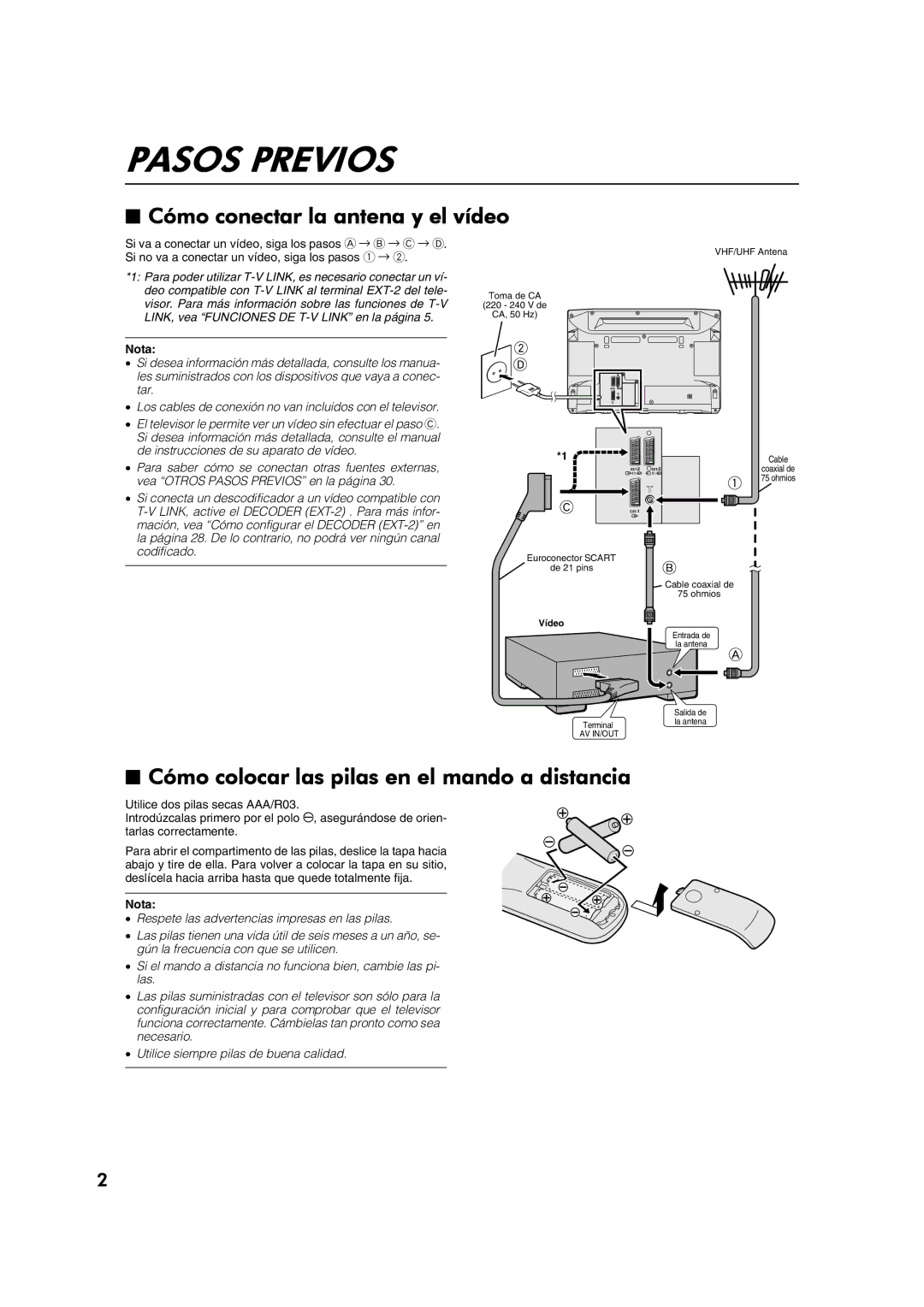 JVC AV28CT1EP manual Pasos Previos, Cómo conectar la antena y el vídeo, Cómo colocar las pilas en el mando a distancia 