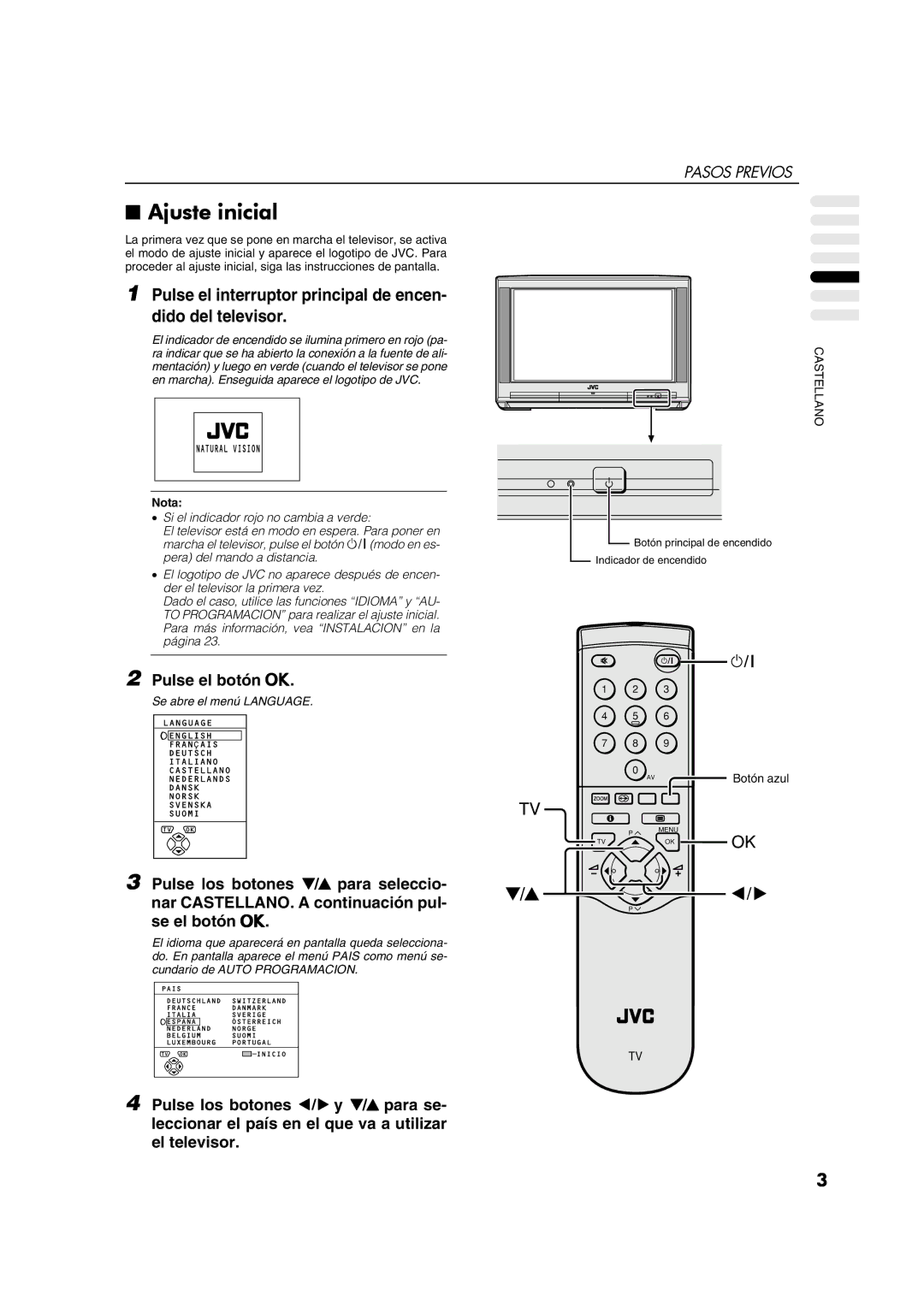 JVC AV28CT1EP manual Ajuste inicial, Pulse el interruptor principal de encen- dido del televisor 