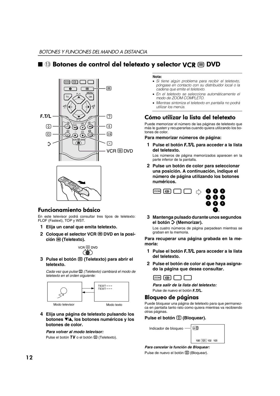 JVC AV28CT1EP manual ~ Botones de control del teletexto y selector VCR P DVD, Funcionamiento básico, Bloqueo de páginas 