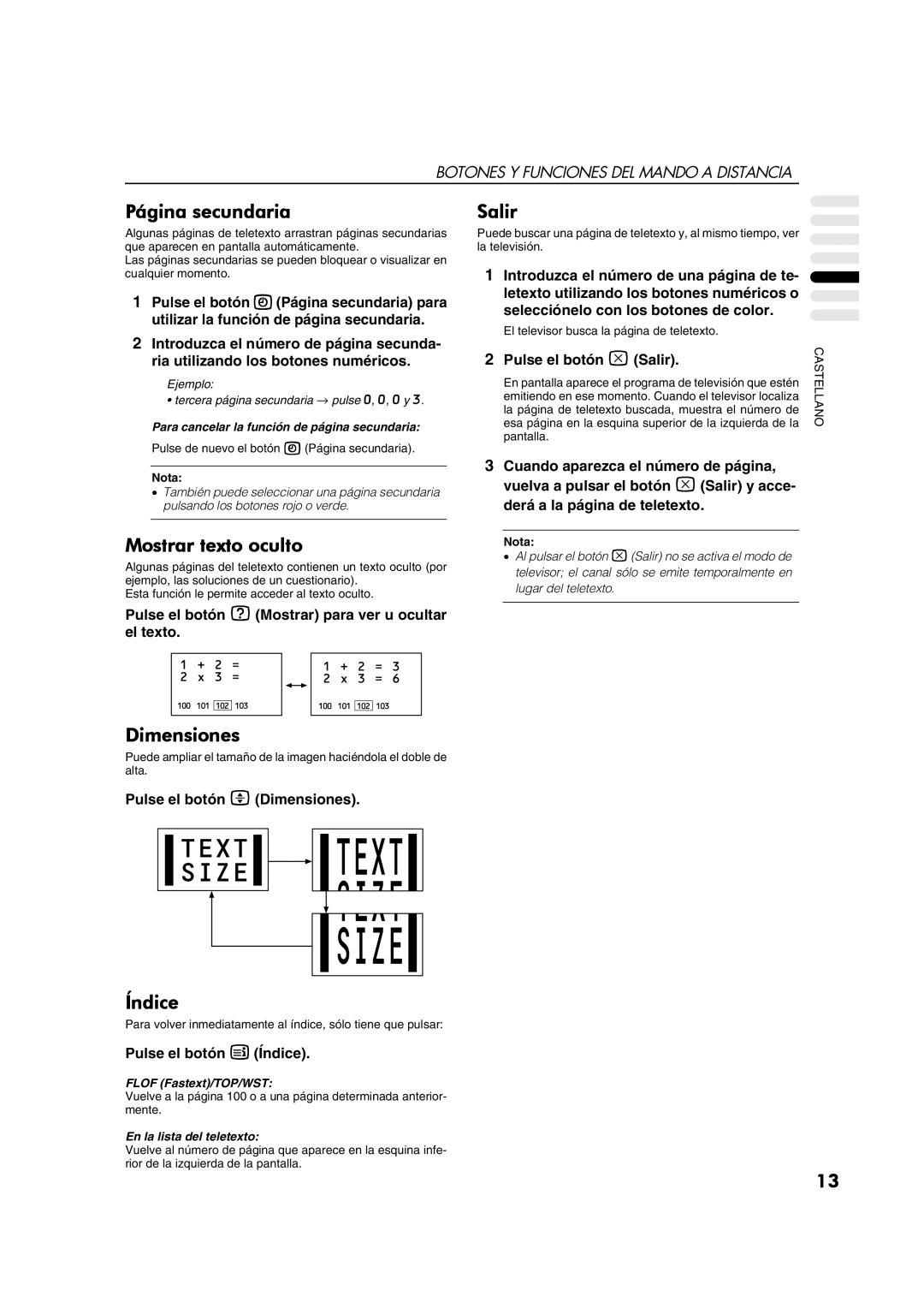 JVC AV28CT1EP manual Página secundaria, Salir, Mostrar texto oculto, Dimensiones, Índice 