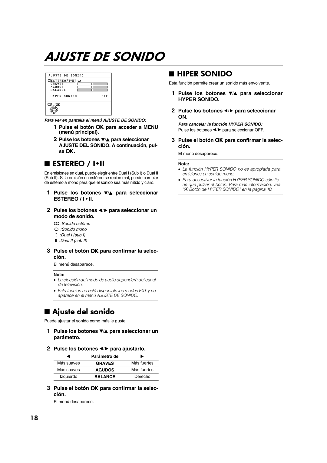 JVC AV28CT1EP manual Ajuste DE Sonido, Estereo, Ajuste del sonido, Hiper Sonido 