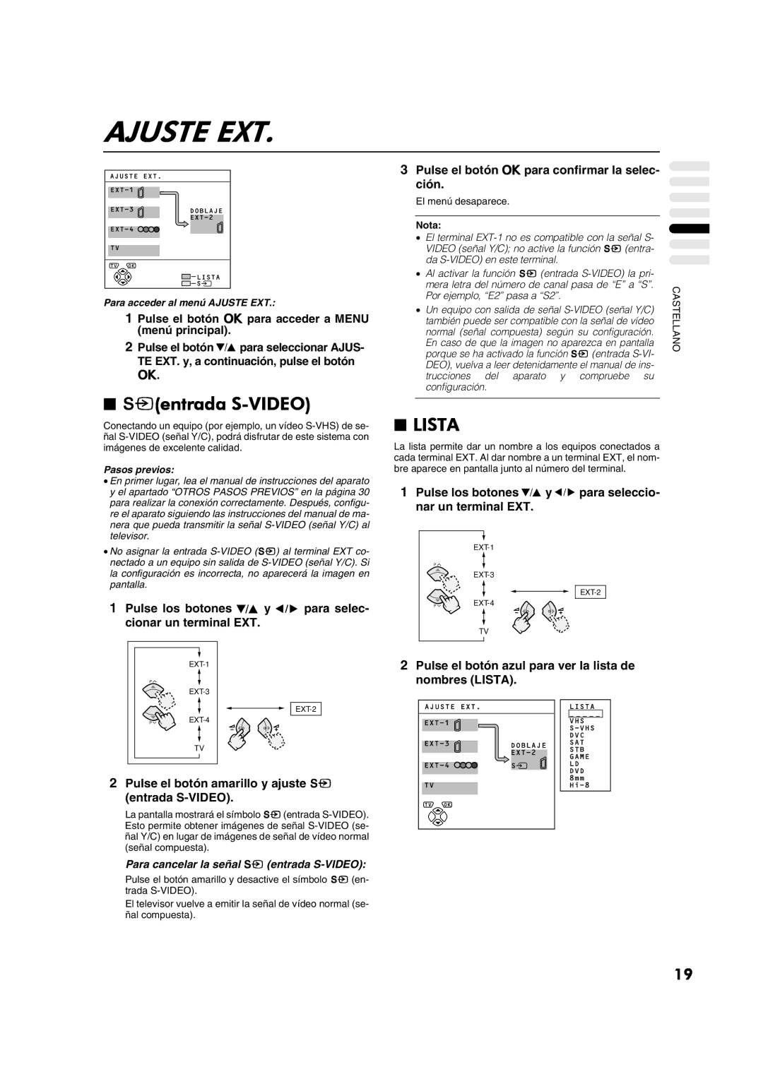 JVC AV28CT1EP manual Ajuste EXT, Yentrada S-VIDEO, Lista 