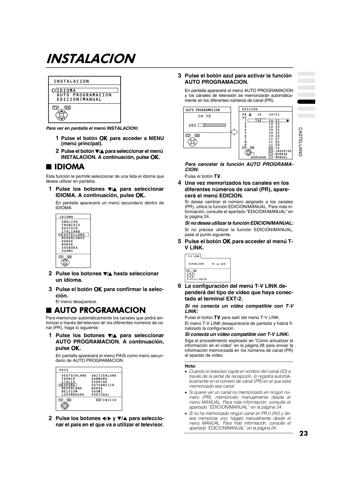 JVC AV28CT1EP manual Instalacion, Idioma, Auto Programacion, Link 