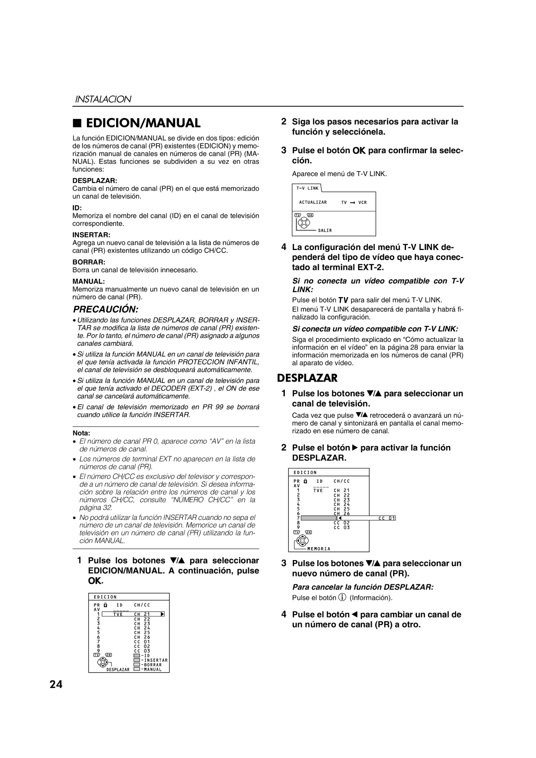 JVC AV28CT1EP manual Edicion/Manual, Pulse el botón 3 para activar la función, Para cancelar la función Desplazar 