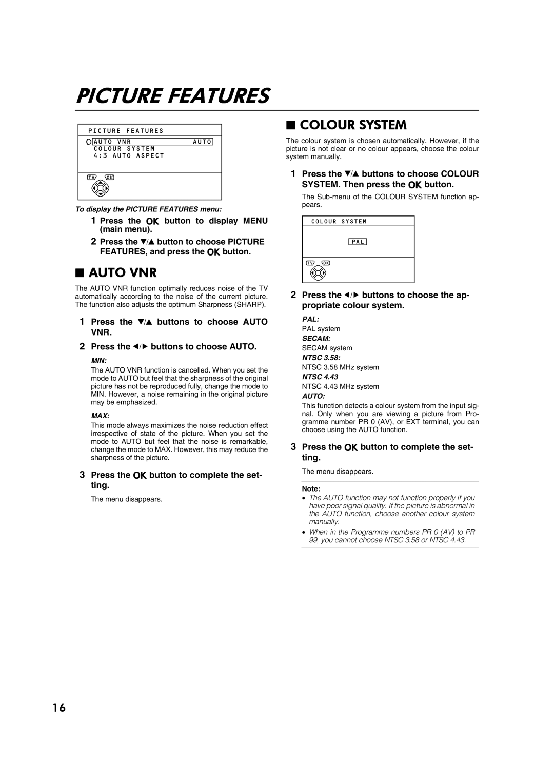 JVC AV28CT1EP manual Picture Features, Auto VNR, Colour System, Vnr 