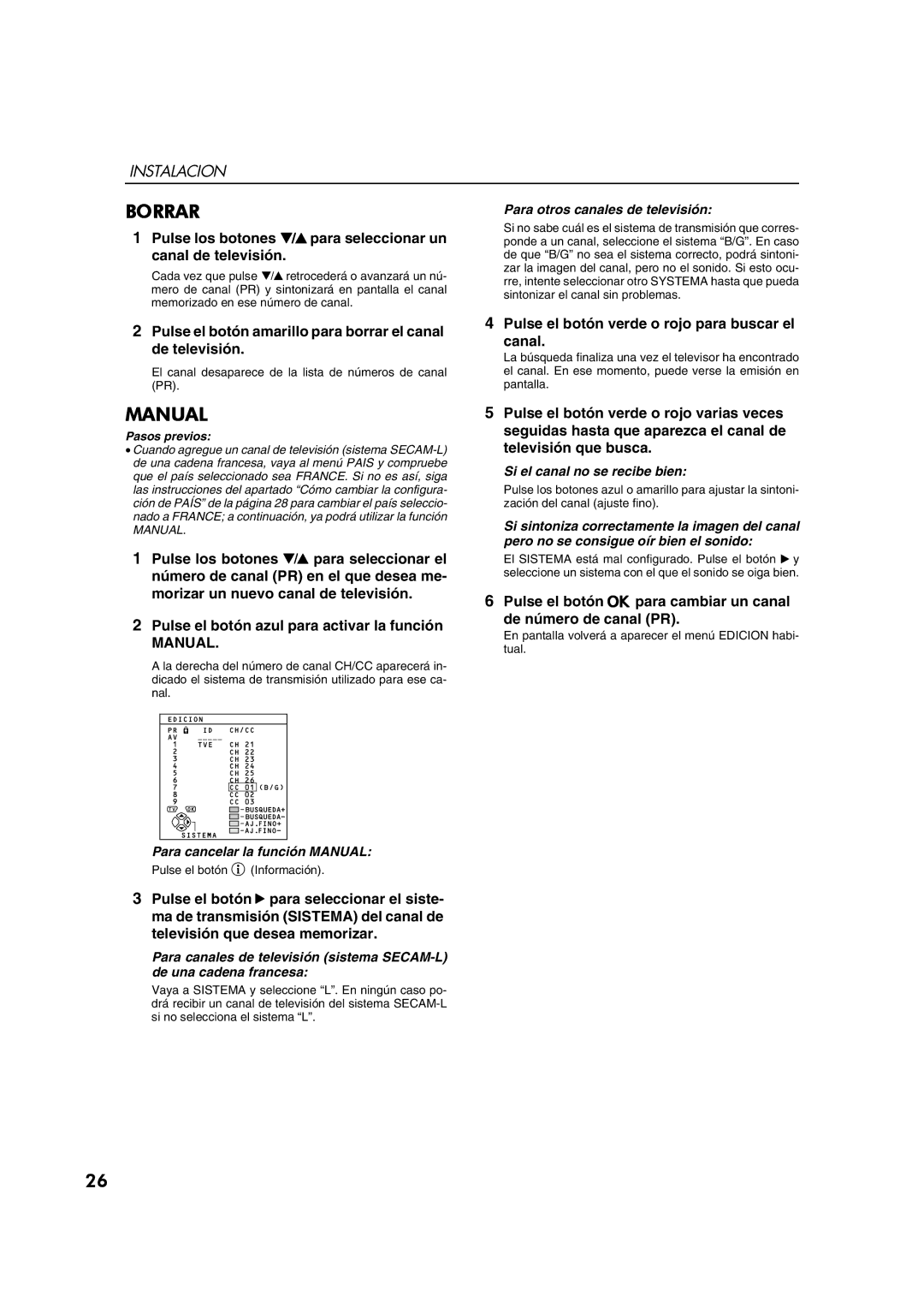 JVC AV28CT1EP manual Borrar, Pulse los botones 6para seleccionar un canal de televisión, Manual 