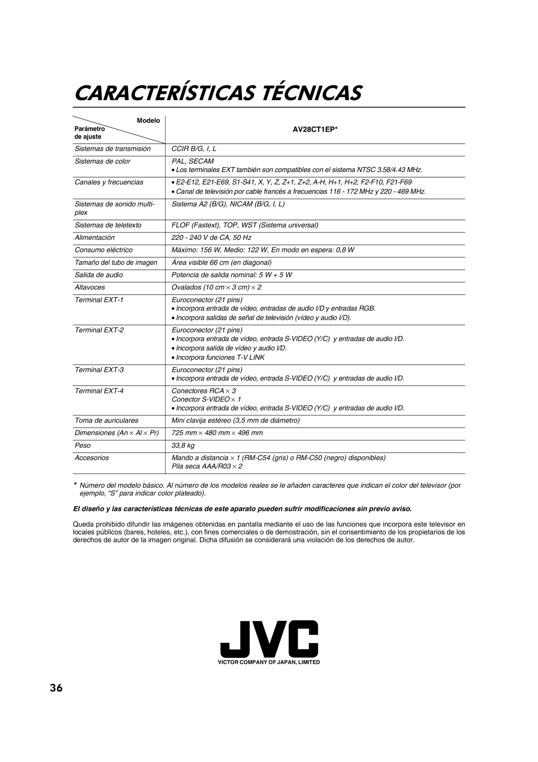 JVC AV28CT1EP manual Características Técnicas, Modelo Parámetro, De ajuste 