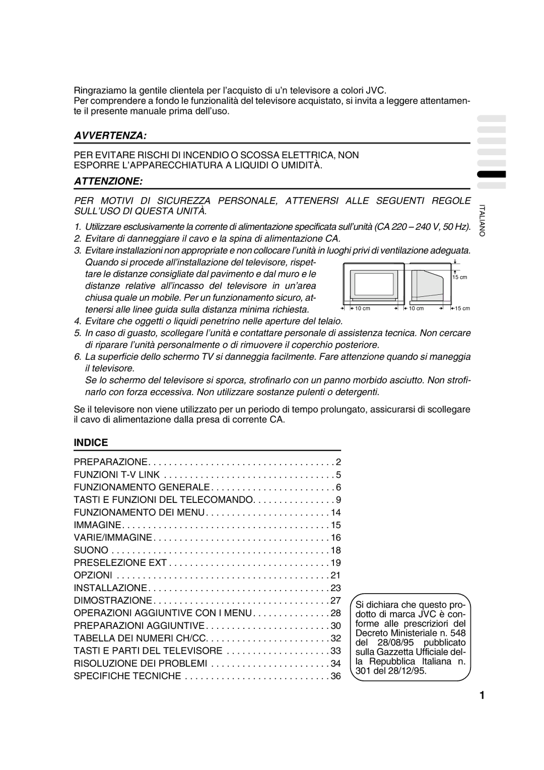 JVC AV28CT1EP manual Avvertenza 