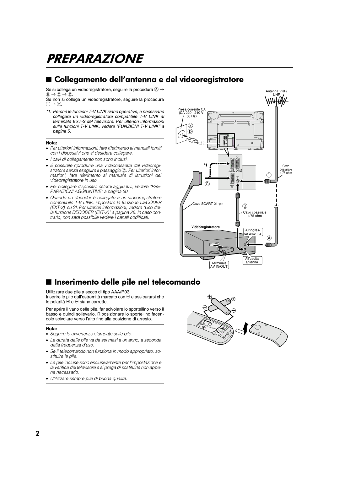 JVC AV28CT1EP Preparazione, Collegamento dell’antenna e del videoregistratore, Inserimento delle pile nel telecomando 