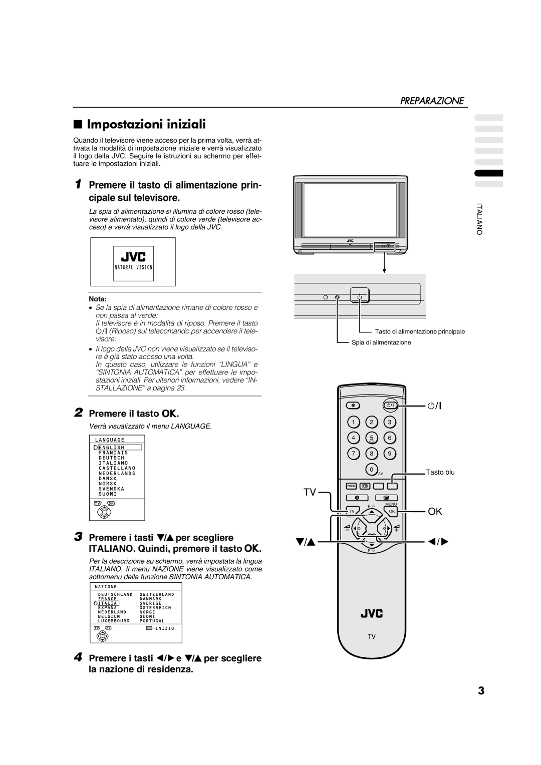 JVC AV28CT1EP manual Impostazioni iniziali, Premere i tasti 5 e 6 per scegliere la nazione di residenza 