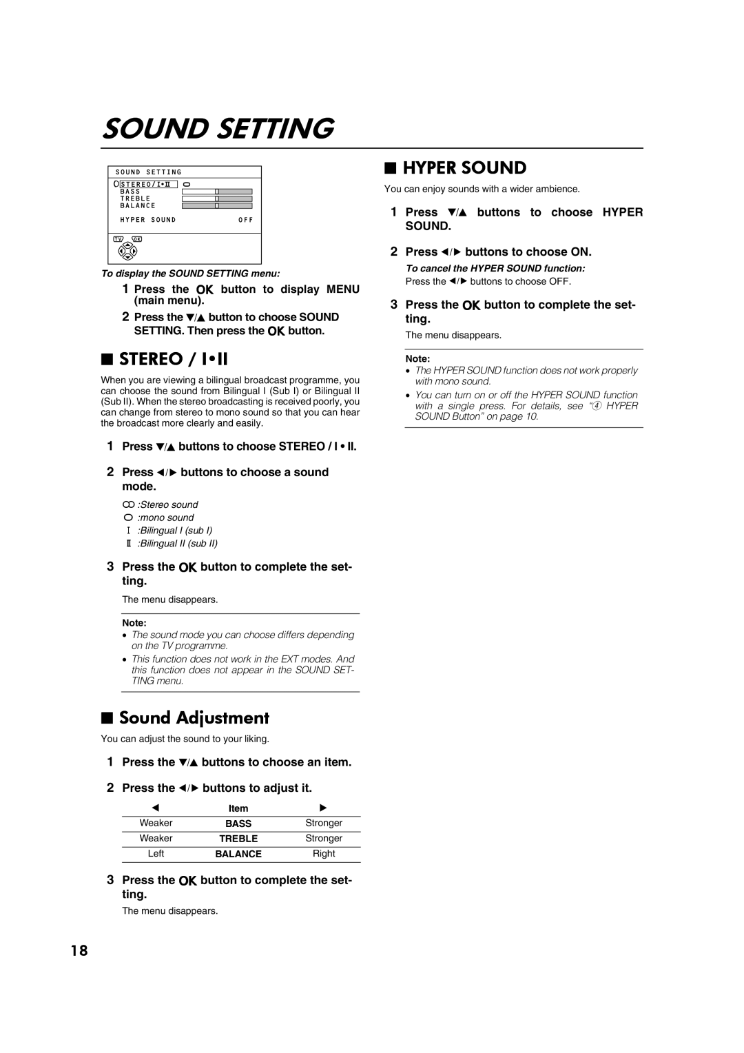 JVC AV28CT1EP manual Sound Setting, Stereo, Sound Adjustment, Hyper Sound 