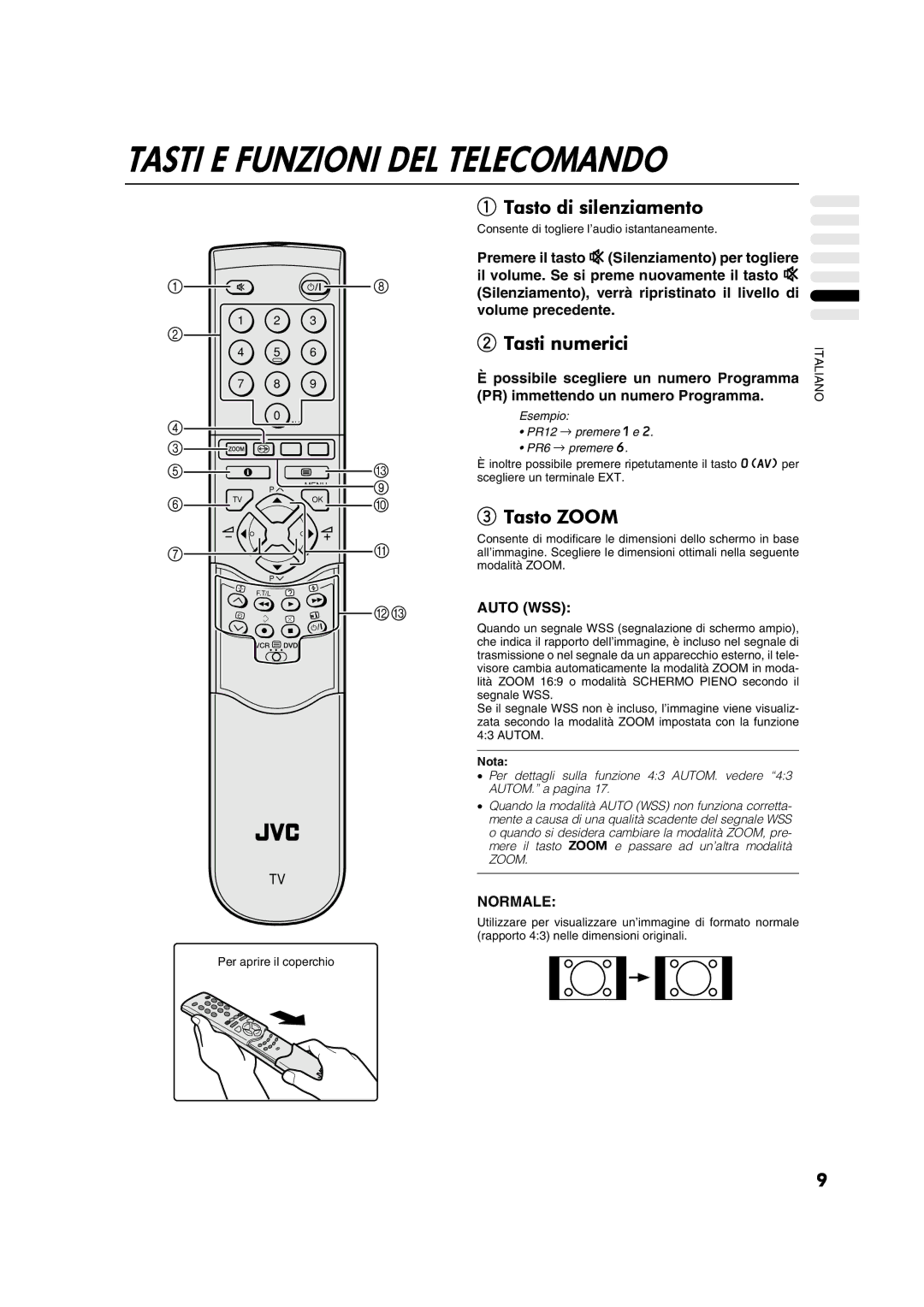 JVC AV28CT1EP manual Tasti E Funzioni DEL Telecomando, Tasto di silenziamento, Tasti numerici, Tasto Zoom, Normale 