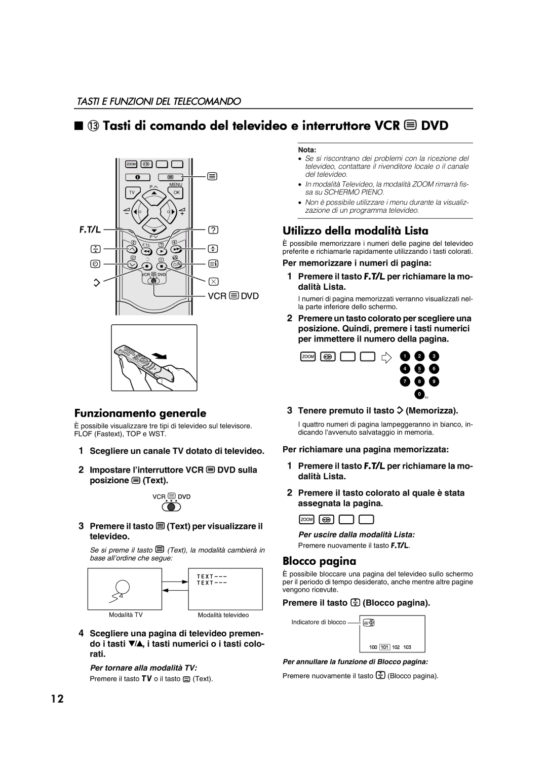 JVC AV28CT1EP manual ~ Tasti di comando del televideo e interruttore VCR P DVD, Funzionamento generale, Blocco pagina 