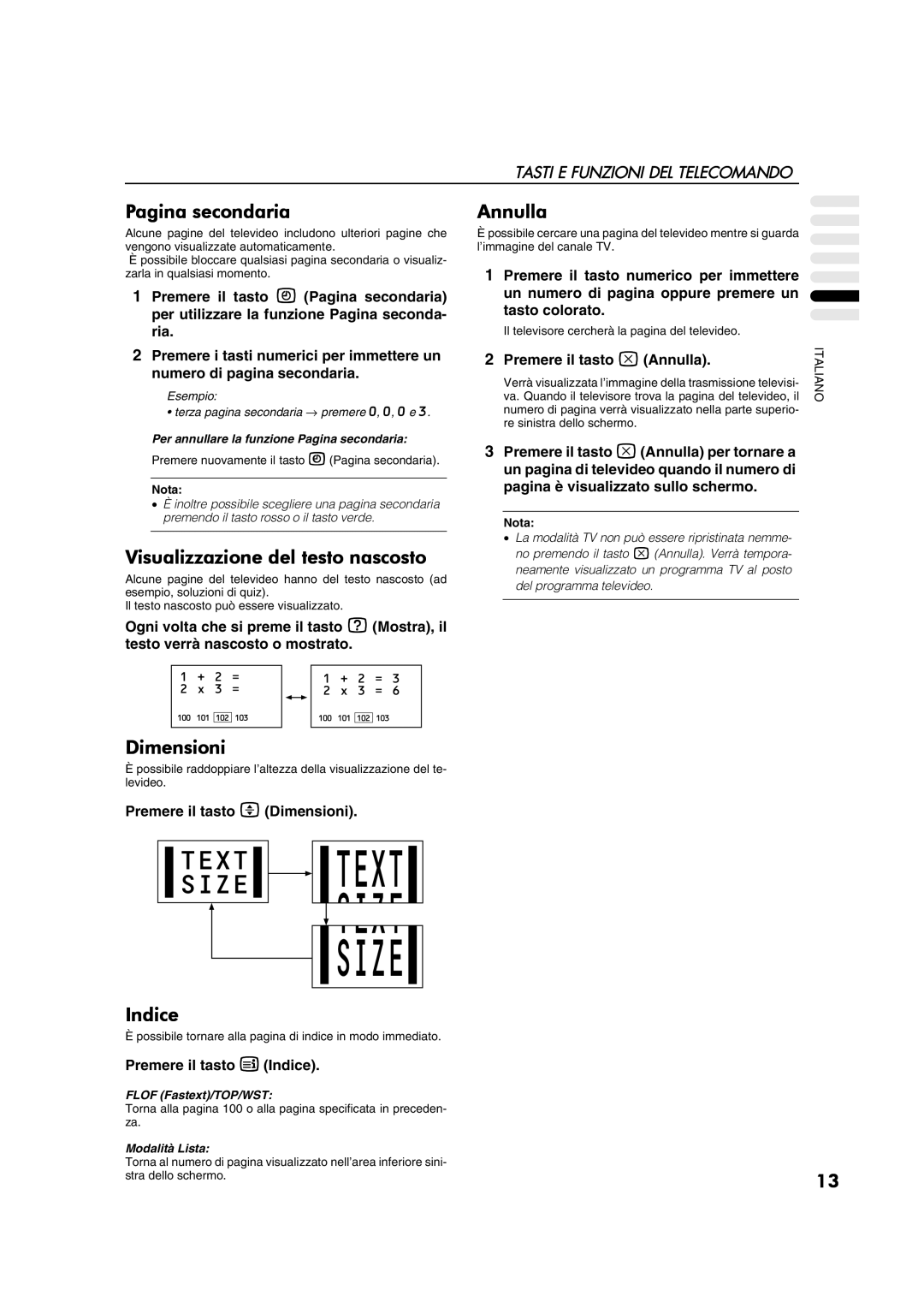 JVC AV28CT1EP manual Pagina secondaria, Visualizzazione del testo nascosto, Annulla, Dimensioni, Indice 