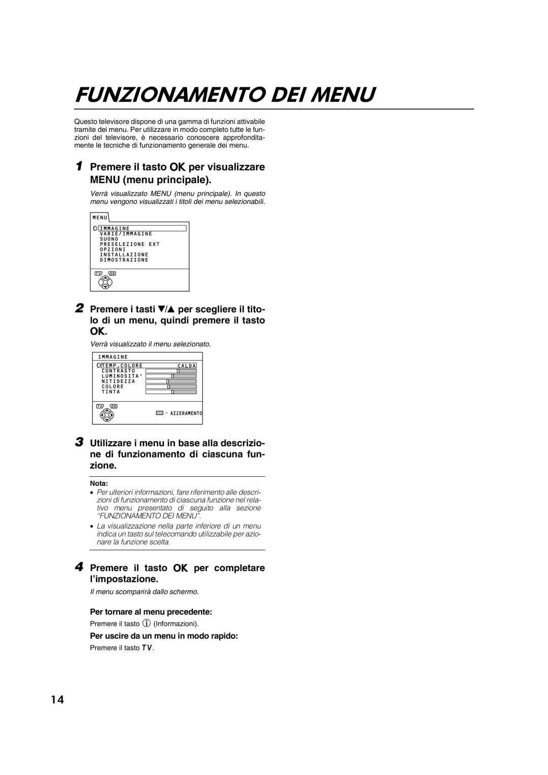 JVC AV28CT1EP manual Funzionamento DEI Menu, Premere il tasto aper visualizzare Menu menu principale 