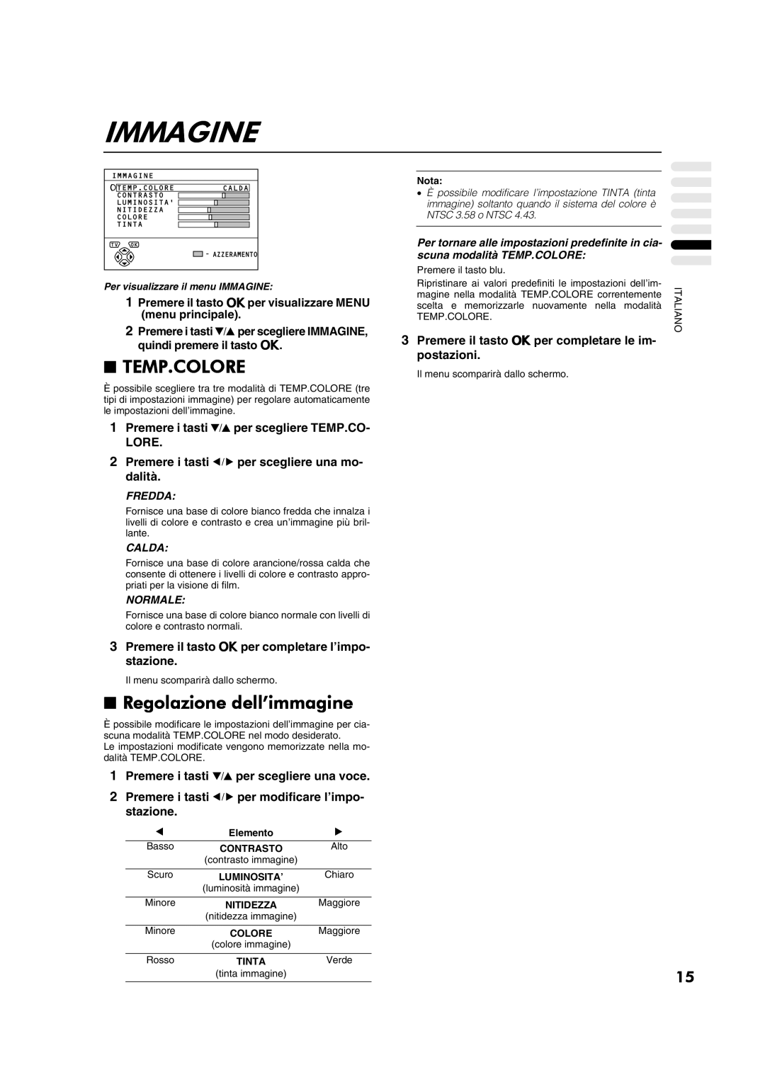 JVC AV28CT1EP manual Immagine, Temp.Colore, Regolazione dell’immagine, Lore 