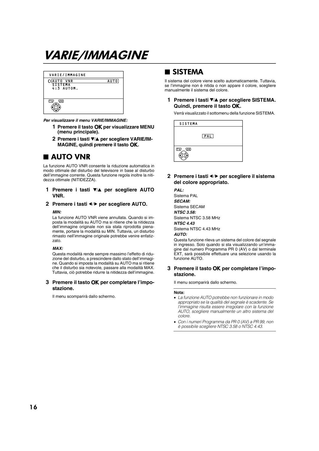 JVC AV28CT1EP manual Varie/Immagine, Sistema, Premere i tasti 6 per scegliere Auto, Premere i tasti 5 per scegliere Auto 