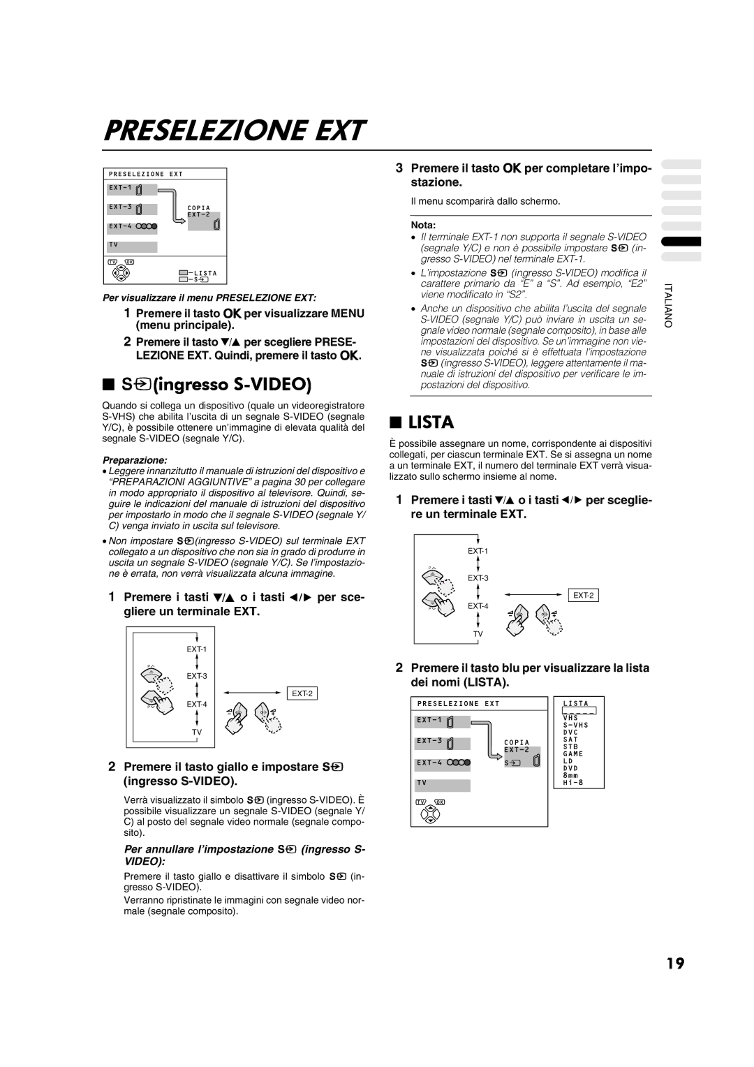 JVC AV28CT1EP manual Preselezione EXT, Yingresso S-VIDEO, Premere il tasto giallo e impostare y ingresso S-VIDEO 