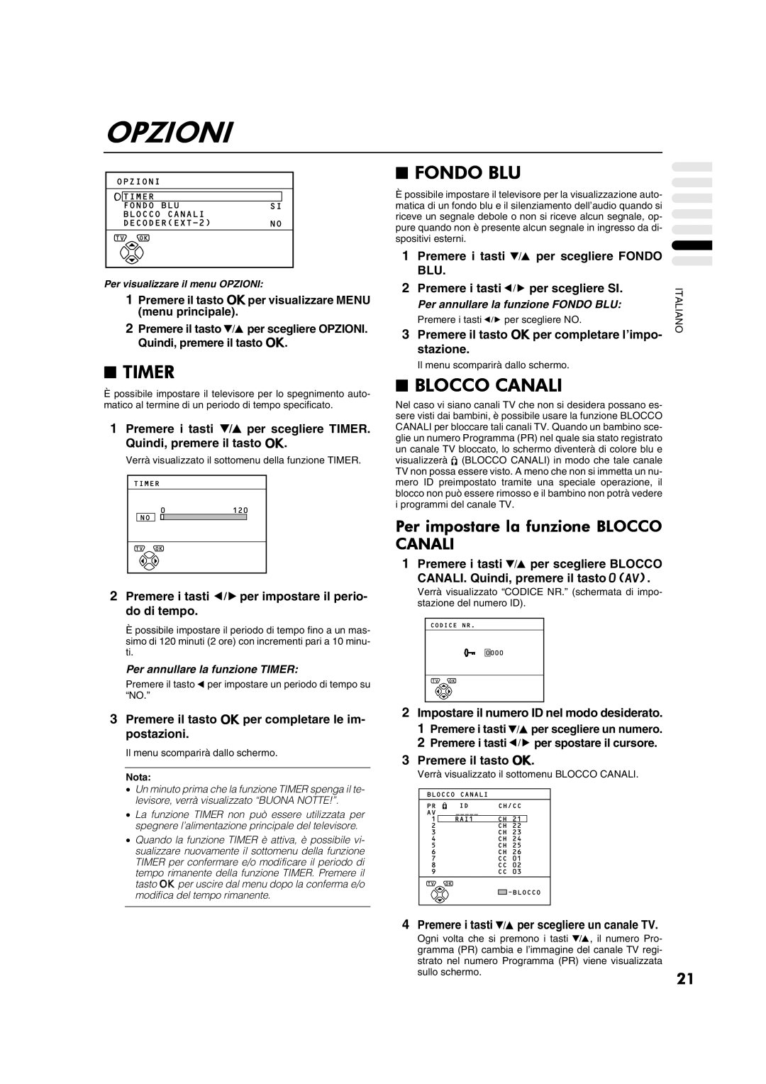 JVC AV28CT1EP manual Opzioni, Fondo BLU, Timer, Per impostare la funzione Blocco Canali 