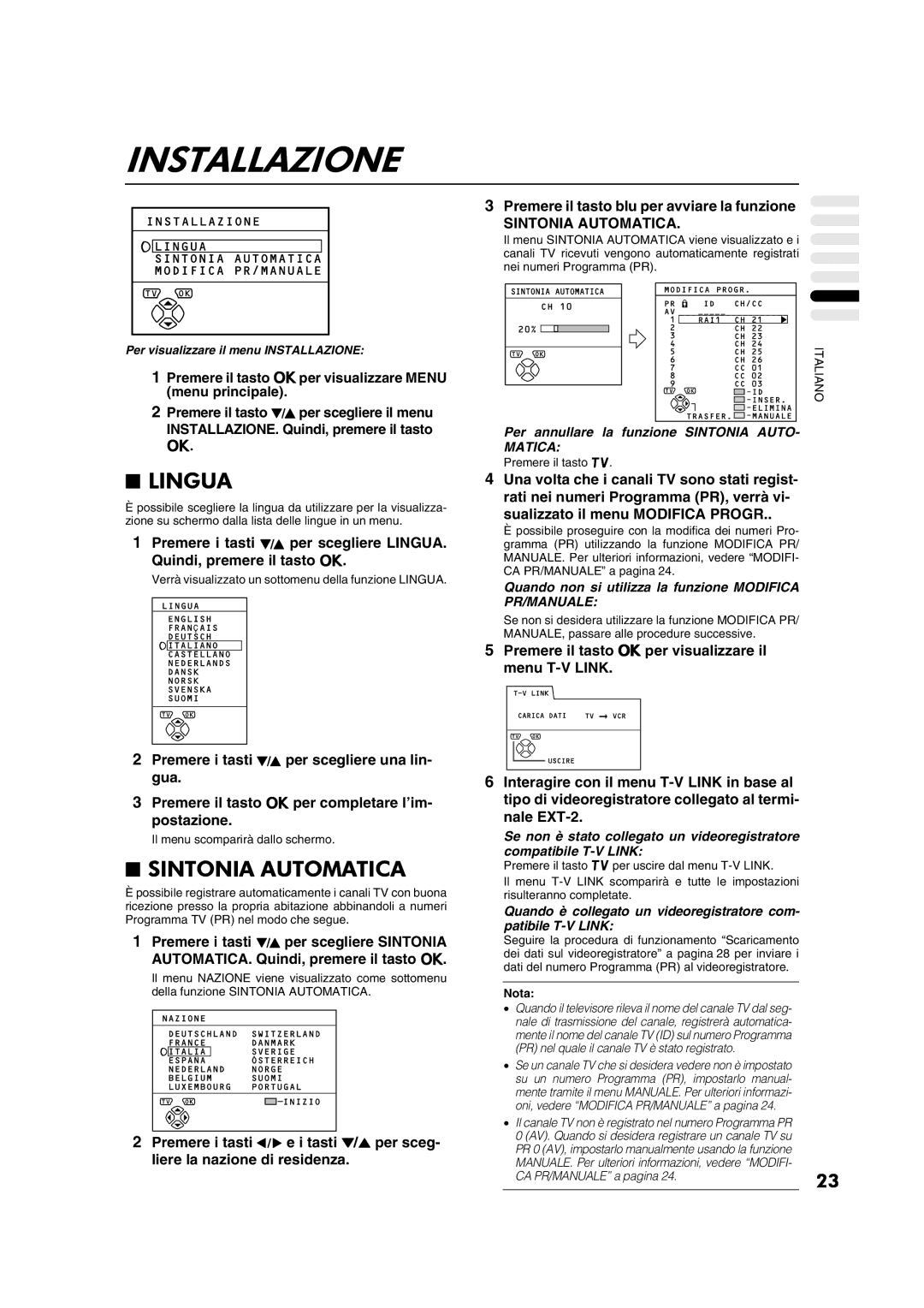 JVC AV28CT1EP manual Installazione, Lingua, Sintonia Automatica, Premere il tasto blu per avviare la funzione 