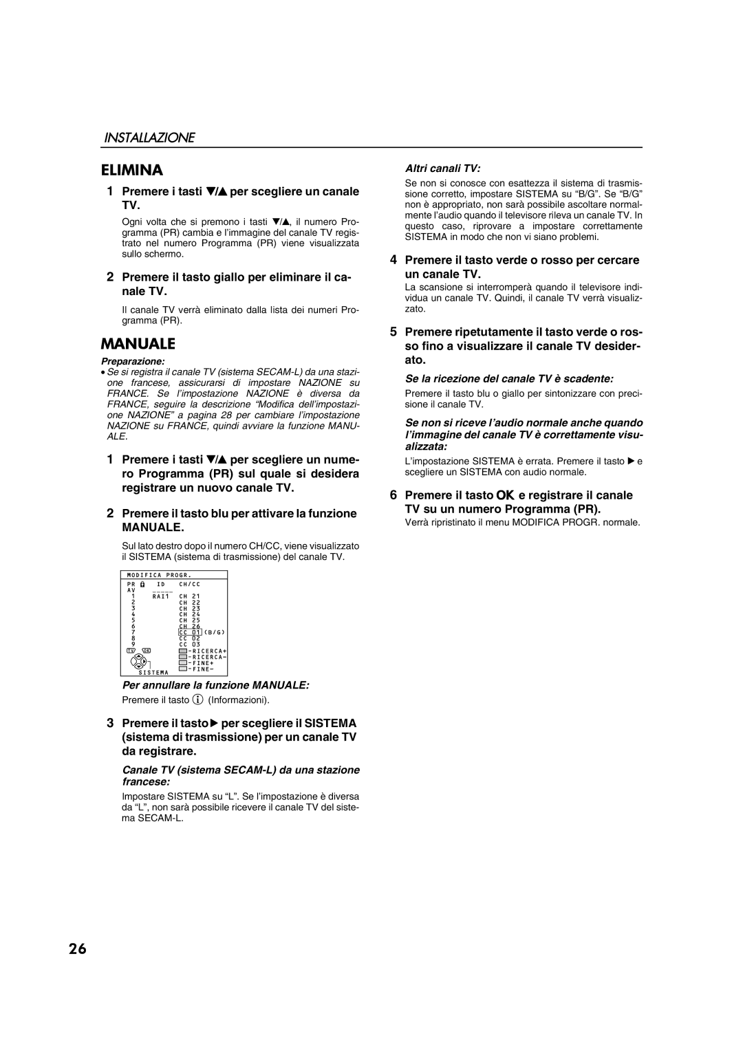 JVC AV28CT1EP manual Elimina, Manuale 