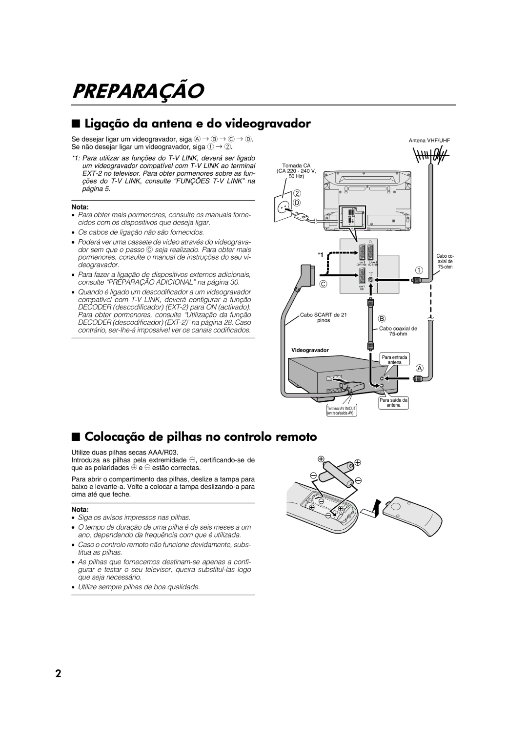 JVC AV28CT1EP manual Preparação, Ligação da antena e do videogravador, Colocação de pilhas no controlo remoto 