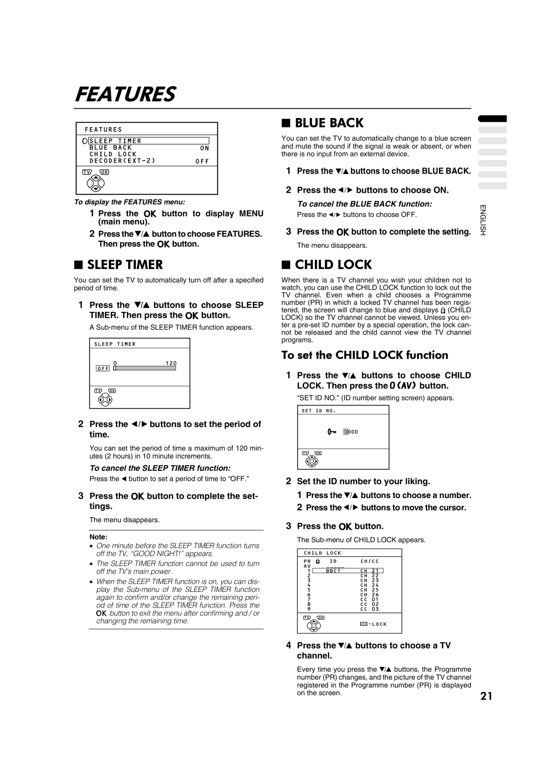 JVC AV28CT1EP manual Features, Blue Back, Sleep Timer, To set the Child Lock function 