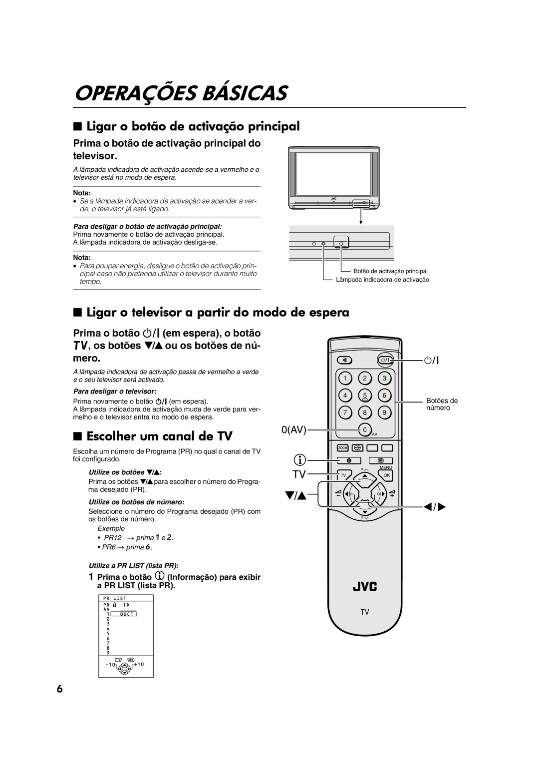 JVC AV28CT1EP manual Operações Básicas, Ligar o botão de activação principal, Ligar o televisor a partir do modo de espera 