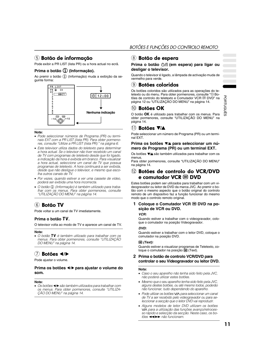 JVC AV28CT1EP manual Botão de informação, Botão de espera, Botões coloridos, Botões OK, Botão TV 