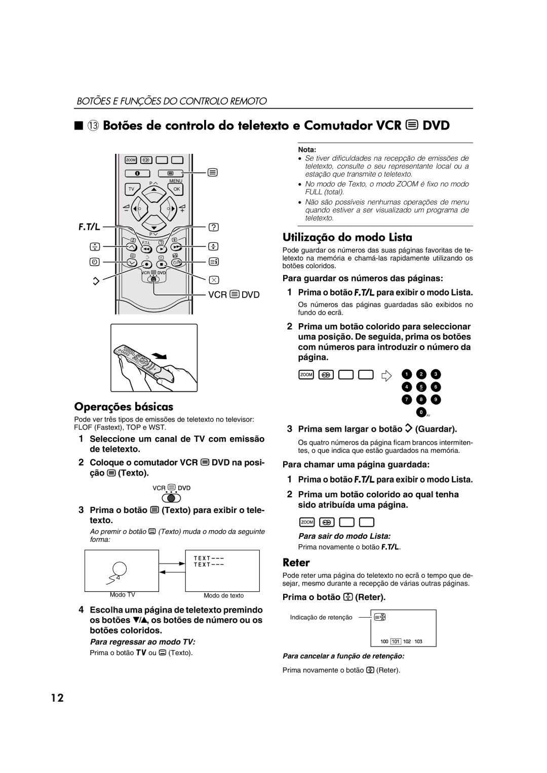 JVC AV28CT1EP ~ Botões de controlo do teletexto e Comutador VCR P DVD, Operações básicas, Utilização do modo Lista, Reter 