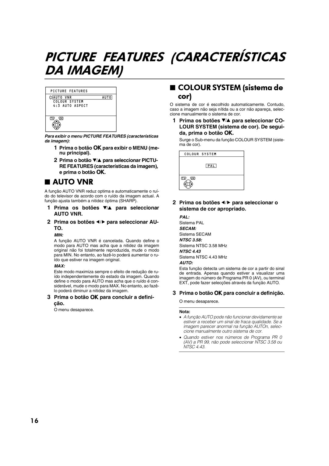 JVC AV28CT1EP manual Picture Features Características DA Imagem, Colour System sistema de Cor 