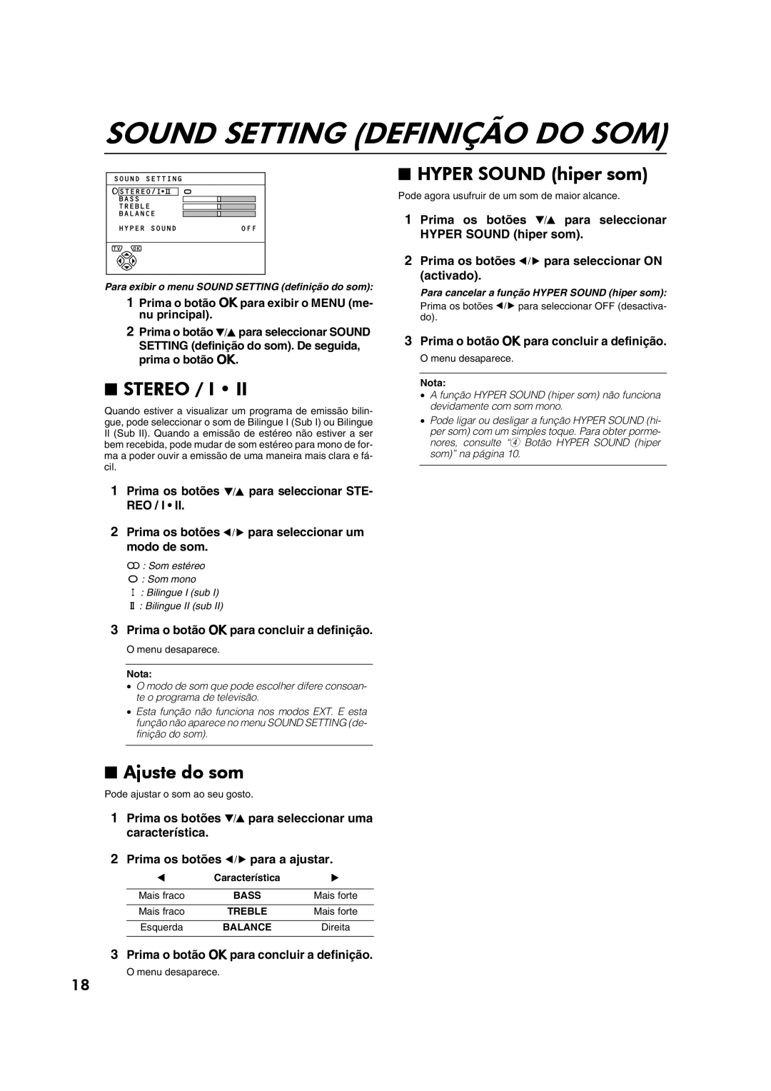 JVC AV28CT1EP manual Sound Setting Definição do SOM, Hyper Sound hiper som, Stereo / I, Ajuste do som 