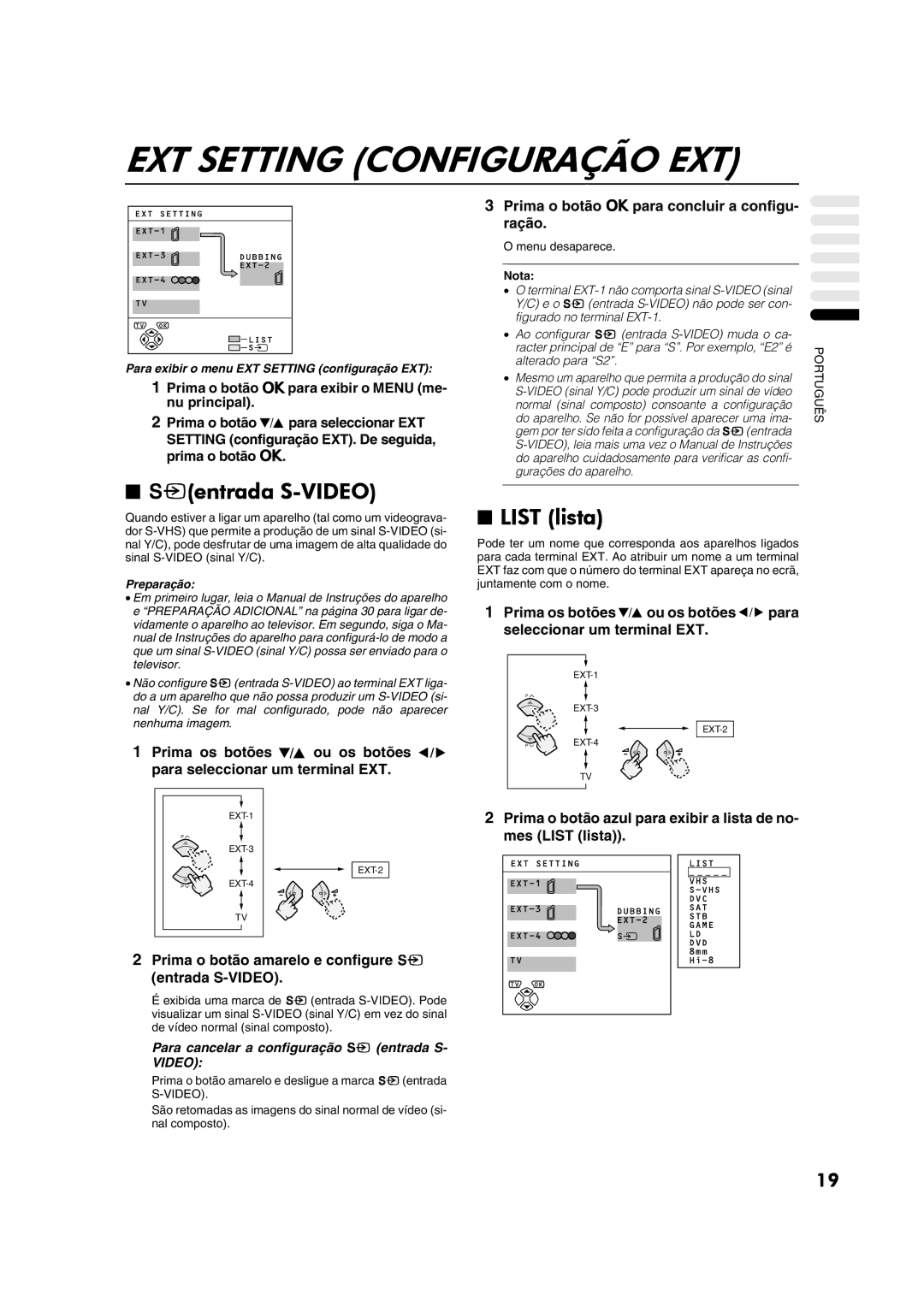 JVC AV28CT1EP manual EXT Setting Configuração EXT, List lista, Prima o botão amarelo e configure y entrada S-VIDEO 