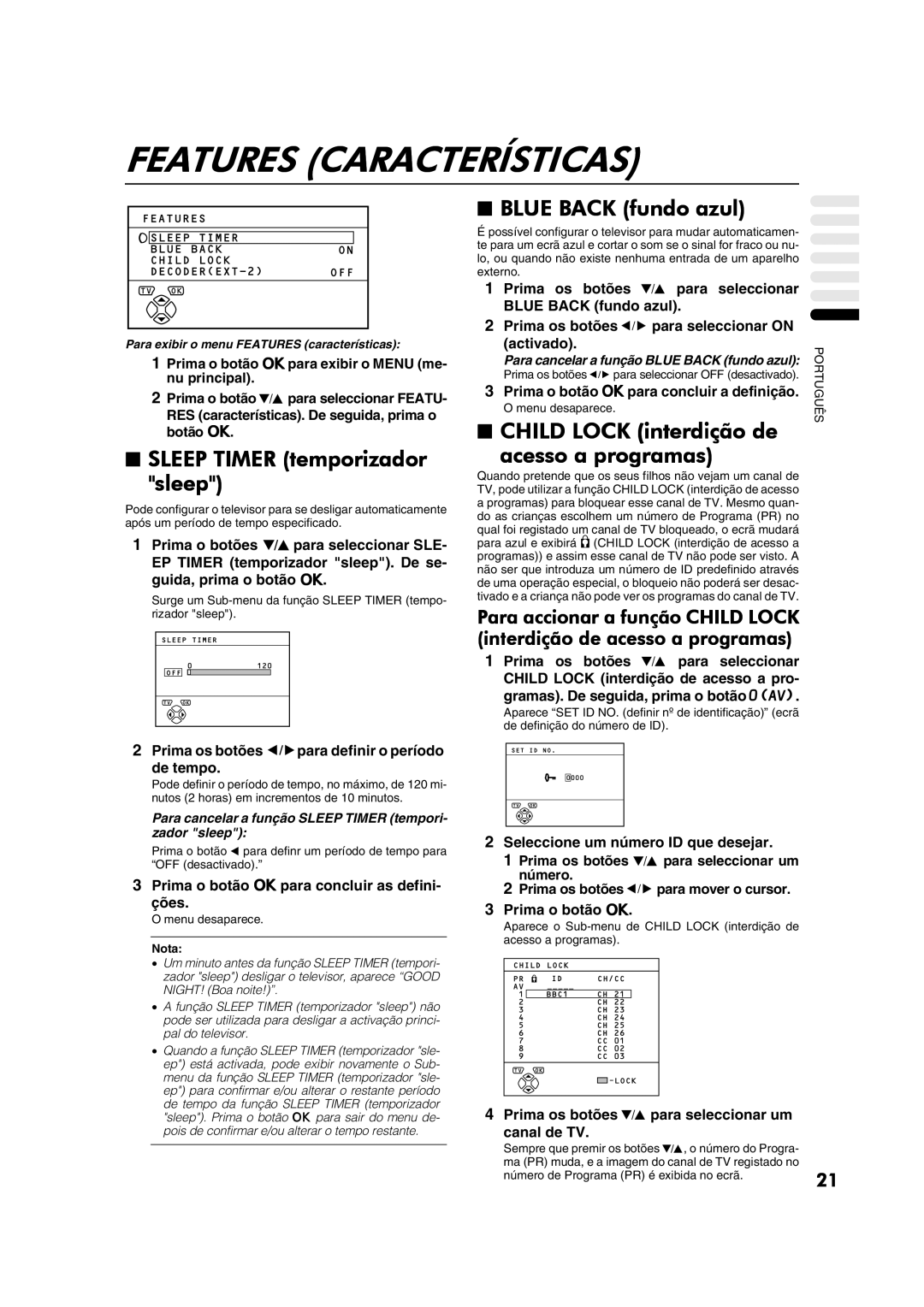 JVC AV28CT1EP manual Features Características, Sleep Timer temporizador sleep, Blue Back fundo azul 