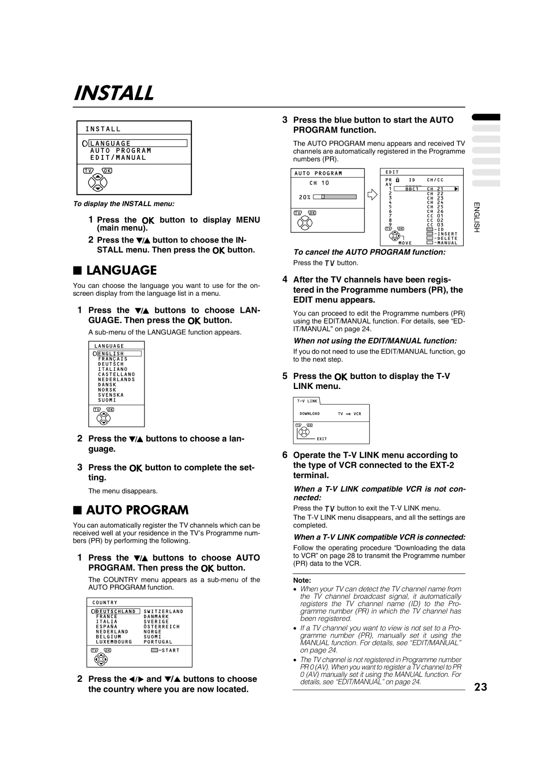 JVC AV28CT1EP Install, Language, Press the blue button to start the Auto Program function, Details, see EDIT/MANUAL on 