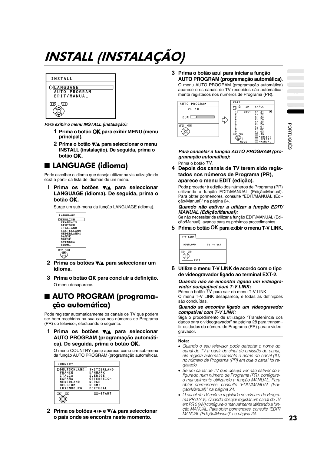 JVC AV28CT1EP manual Install Instalação, Language idioma, Auto Program programa Ção automática, Aparece o menu Edit edição 