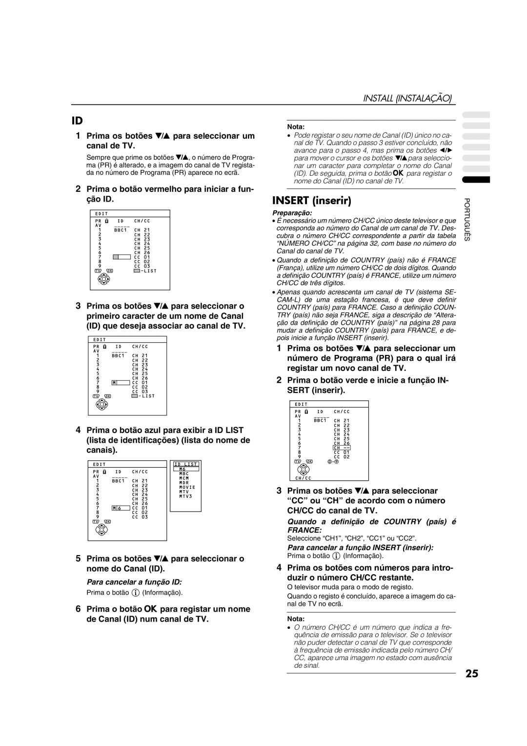 JVC AV28CT1EP manual Insert inserir, Prima o botão vermelho para iniciar a fun- ção ID, Para cancelar a função ID 