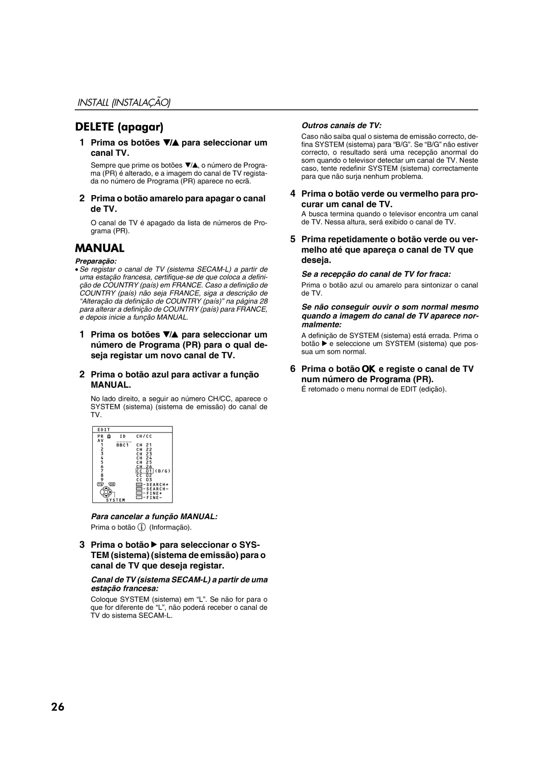 JVC AV28CT1EP manual Delete apagar, Prima os botões 6 para seleccionar um canal TV 