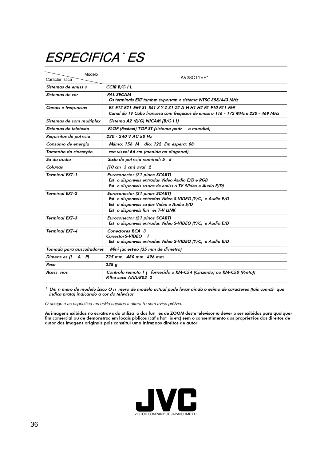 JVC AV28CT1EP manual Especificações, Modelo, Característica 