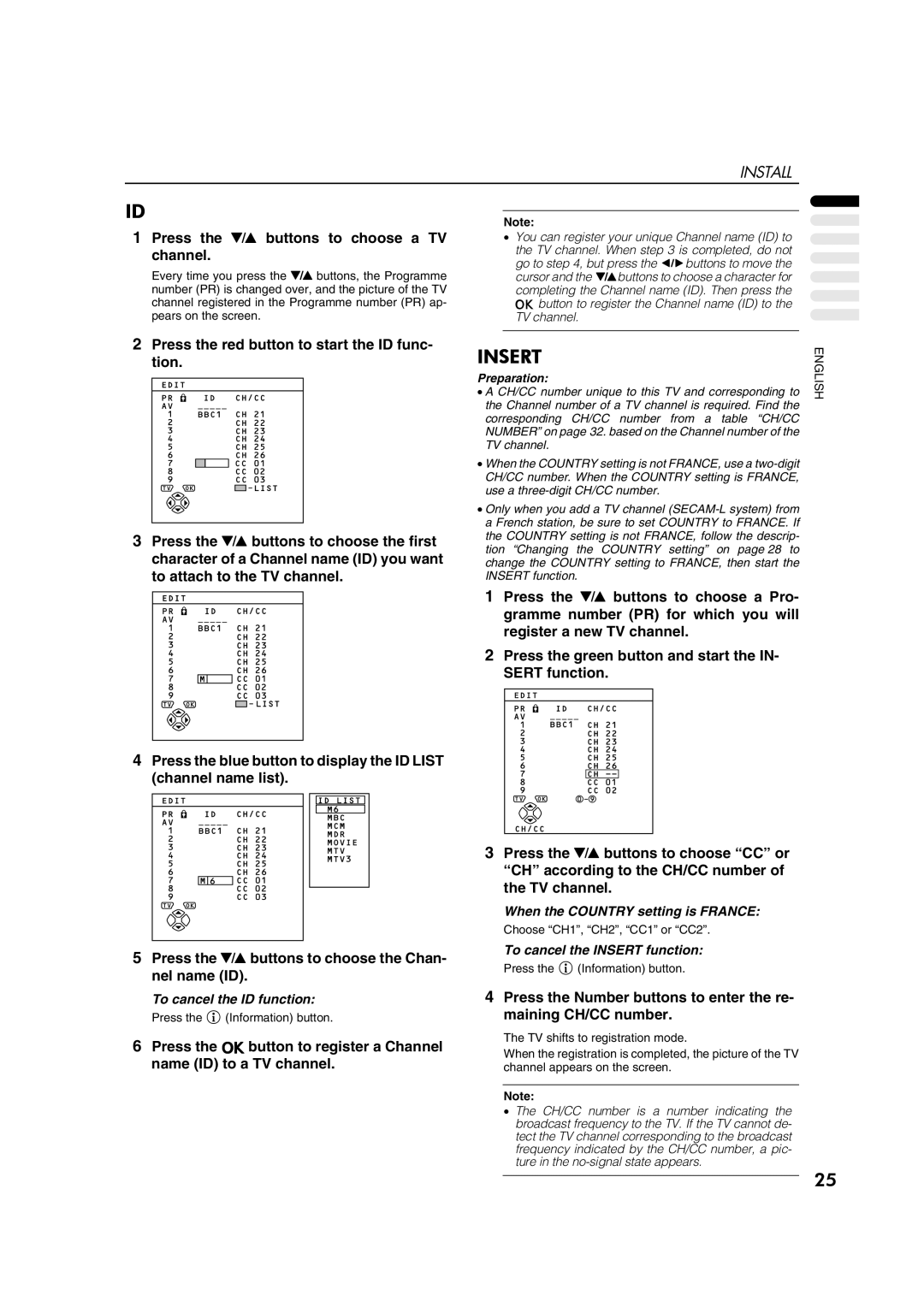 JVC AV28CT1EP manual To cancel the ID function, When the Country setting is France, To cancel the Insert function 