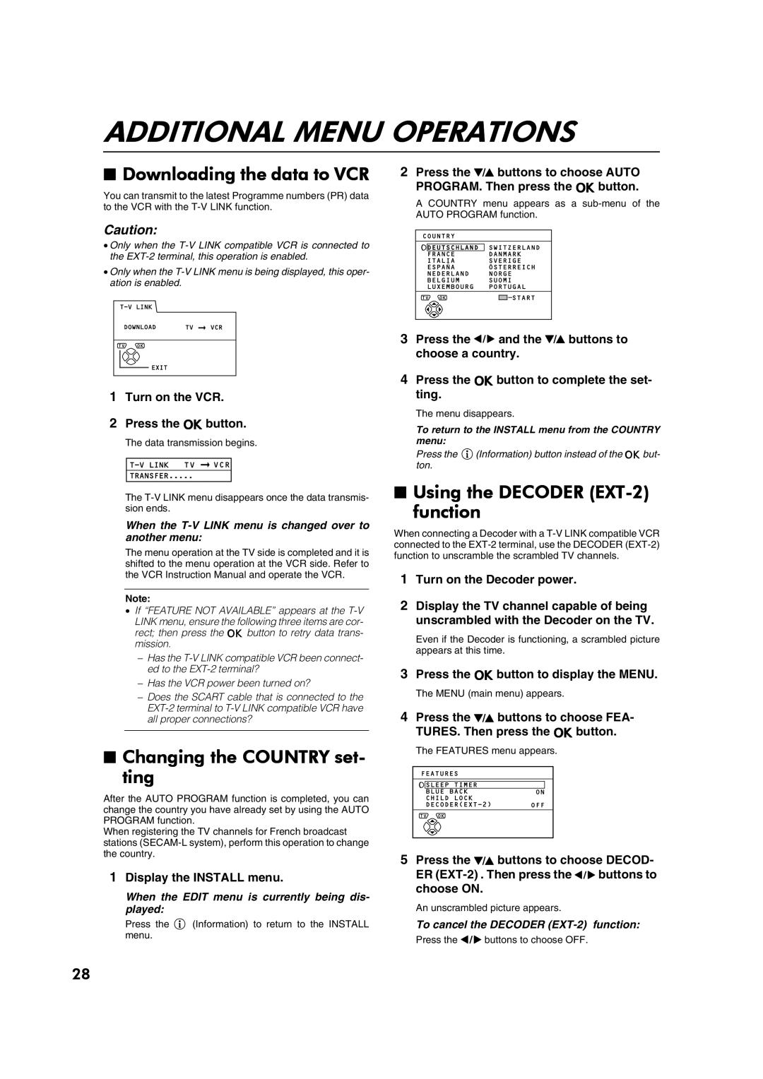 JVC AV28CT1EP manual Additional Menu Operations, Downloading the data to VCR, Changing the Country set- ting 