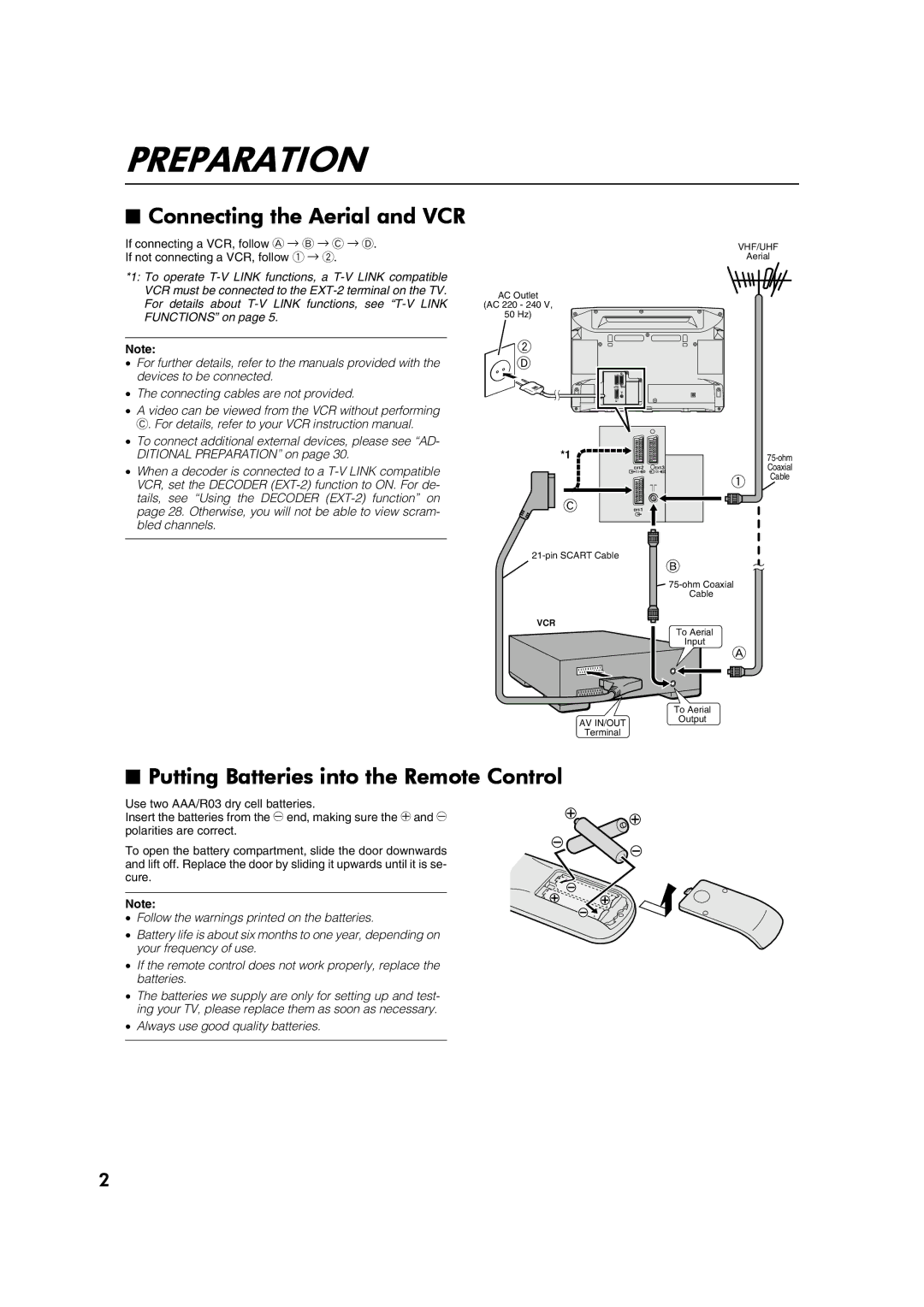 JVC AV28CT1EP manual Preparation, Connecting the Aerial and VCR, Putting Batteries into the Remote Control 