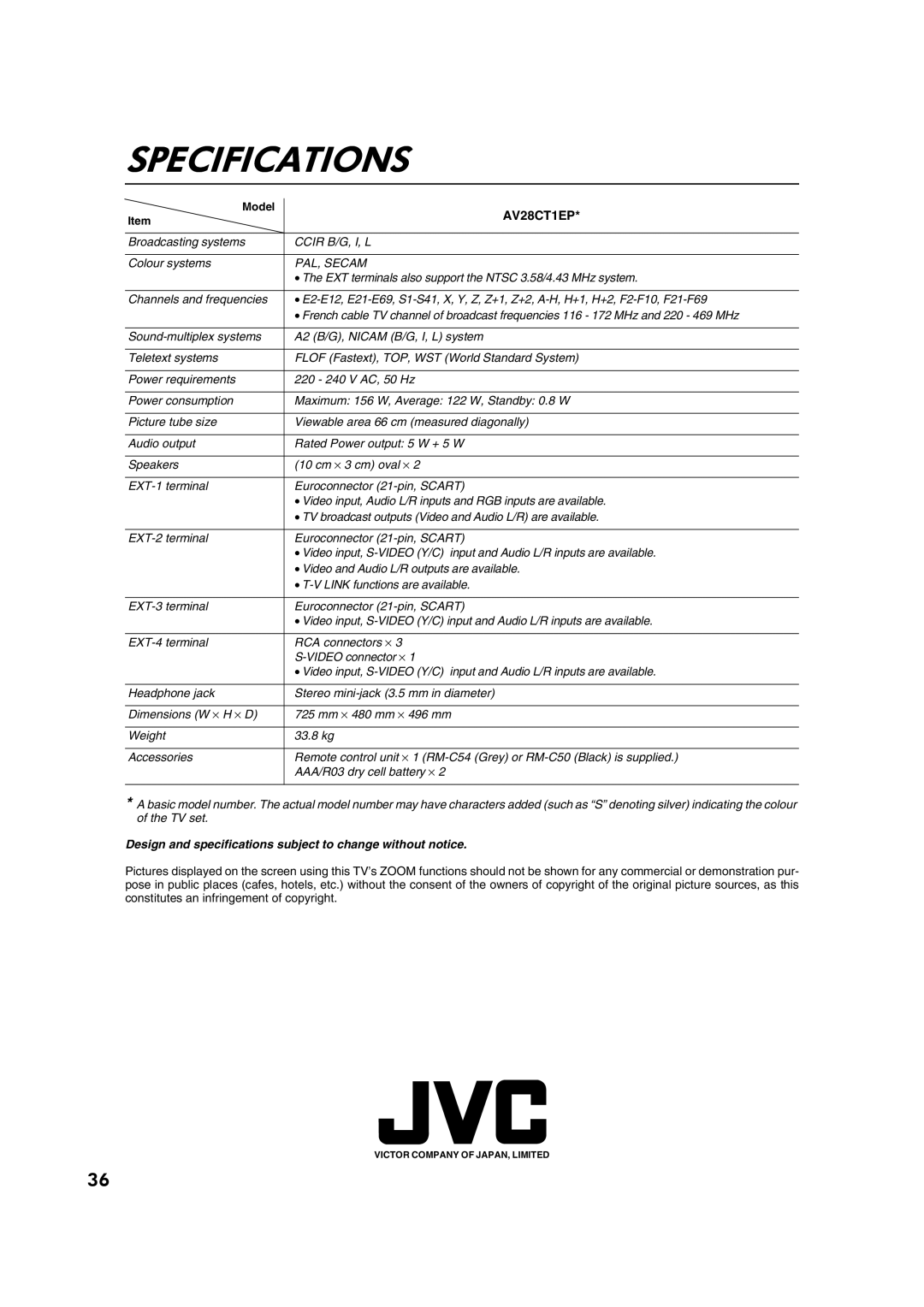 JVC AV28CT1EP manual Specifications, Model, Design and specifications subject to change without notice 