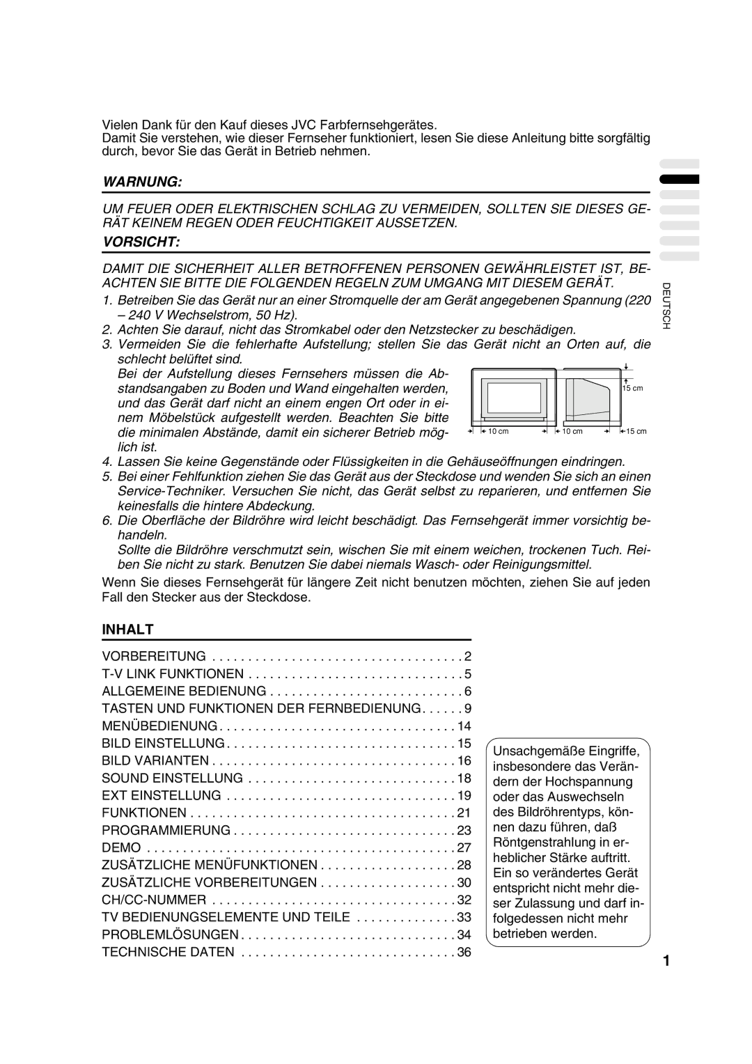 JVC AV28CT1EP manual Warnung 